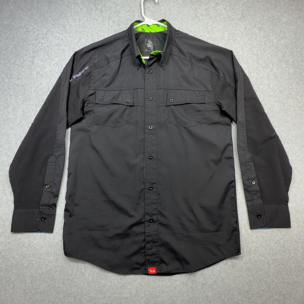 Huk Shirt Mens Medium Black Long Sleeve Vented Performance Fishing Top Flip Cuff